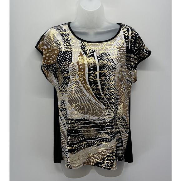 ALLISON DALEY Womens Size Petite Small Black Gold Script Shiny Dressy Top - Picture 1 of 8